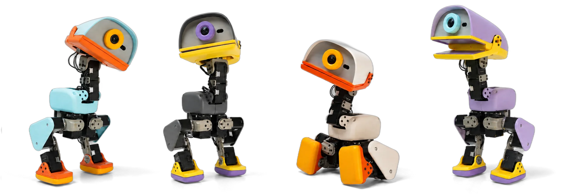 Four Microduck robots in Sky, Graphite, Cream, and Lavender colorways